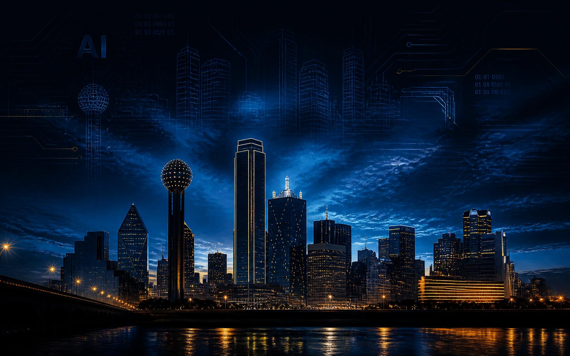 Dallas skyline at dusk with AI circuit overlay